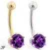 14K Gold belly button ring with 6-prong Amethyst