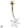 14K Gold Belly Ring With 6-Petal Jeweled Flower