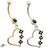 14K Gold belly ring with Black CZ jeweled dangling heart