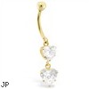 14K Gold Belly Ring With Dangle Double Clear CZ Hearts