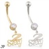 14K Gold belly ring with dangling "2 Sexy" charm