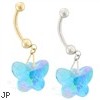 14K Gold belly ring with dangling aquamarine AB swarovski crystal butterfly
