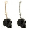 14K Gold Belly Ring with Dangling black  Skull
