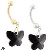 14K Gold Belly Ring with Dangling Black Swarovski Crystal Butterfly