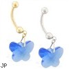 14K Gold Belly Ring with Dangling Blue Swarovski Crystal Butterfly