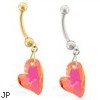 14K Gold belly ring with dangling pink AB swarovski crystal heart