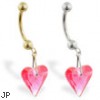 14K Gold belly ring with dangling swarovski ruby red crystal heart