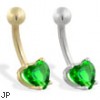 14K Gold belly ring with emerald 6mm CZ heart