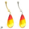 14K Gold belly ring with large dangling fire red swarovski crystal teardrop
