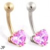 14K Gold belly ring with pink tourmaline 6mm CZ heart