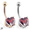 14K Gold belly ring with ruby red 8mm CZ heart