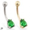 14K Gold belly ring with small emerald teardrop CZ