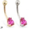 14K Gold belly ring with small fuchsia teardrop CZ