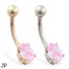 14K Gold belly ring with small pink oval CZ