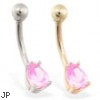 14K Gold belly ring with small pink teardrop CZ