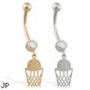 14K Gold jeweled belly ring with dangling basketball and net charm