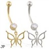 14K Gold jeweled belly ring with dangling butterfly charm