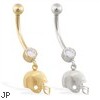 14K Gold jeweled belly ring with dangling football helmet charm