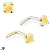 14K Gold L-shaped Nose Pin with 2mm Round Yellow Opal