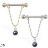 14K Gold Nipple Ring With Dangling Black Pearl On Chain, 14 Ga
