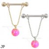 14K Gold nipple ring with dangling pink opal ball on chain, 14 ga