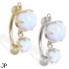 14K Gold reversed belly ring with double White opal dangle