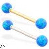 14K Gold straight barbell with Blue opal balls