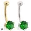 14K yellow gold belly button ring with 6-prong Emerald