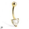 14K Yellow Gold Belly Button Ring with Heart-Shaped Stone And Jeweled Top Ball