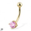 14K Yellow Gold Belly Button Ring With Round Pink CZ And Jeweled Top Ball