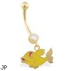 14K Yellow Gold belly ring with dangling enameled fishy