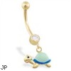 14K Yellow Gold belly ring with dangling enameled turtle