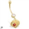 14K Yellow Gold belly ring with dangling heart and ladybug