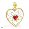 14K Yellow Gold Heart Charm with Red Glitter Center
