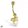 14K Yellow Gold Hinged Belly Button Ring with Heart And Leaves