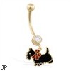 14K Yellow Gold jeweled belly ring with dangling enameled dog