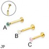 14K yellow gold push-in labret with square cubic zirconia, 16 ga