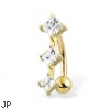 14K yellow gold reversed belly button ring with three square CZ