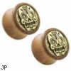 Antique Gold Plated Sugar Skull Shield Front Organic Sono Wood Saddle Plugs