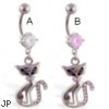 Belly button ring with dangling jeweled elegant cat