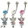 Belly button ring with dangling jeweled playboy bunny