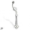 Belly button ring with three rings on dangles