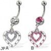 Belly button ring with two dangling jeweled hollow hearts