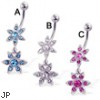 Belly button ring with two jeweled flowers