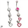 Belly Ring with Cascading Paved and Solid Hearts