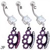 Belly ring with dangling black coated jeweled knuckles