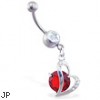 Belly ring with dangling curved heart and large red gem