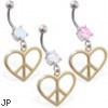 Belly ring with dangling gold colored peace heart