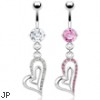 Belly ring with dangling jeweled double hearts