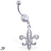 Belly ring with dangling jeweled Fleur-De-Lis